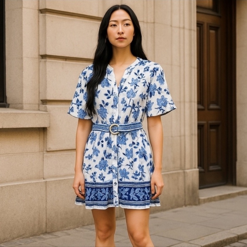 Joie Blue and White Floral Earrings Puff Sleeve Mini Dress
